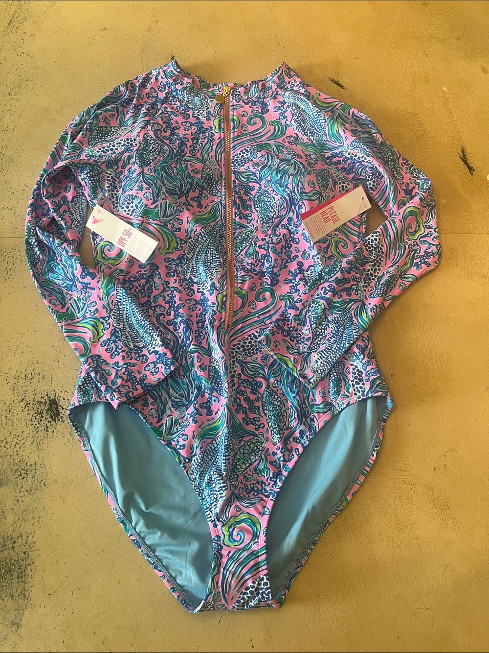 Womens Long-Sleeve One-Piece Swimsuit — Pink & Blue